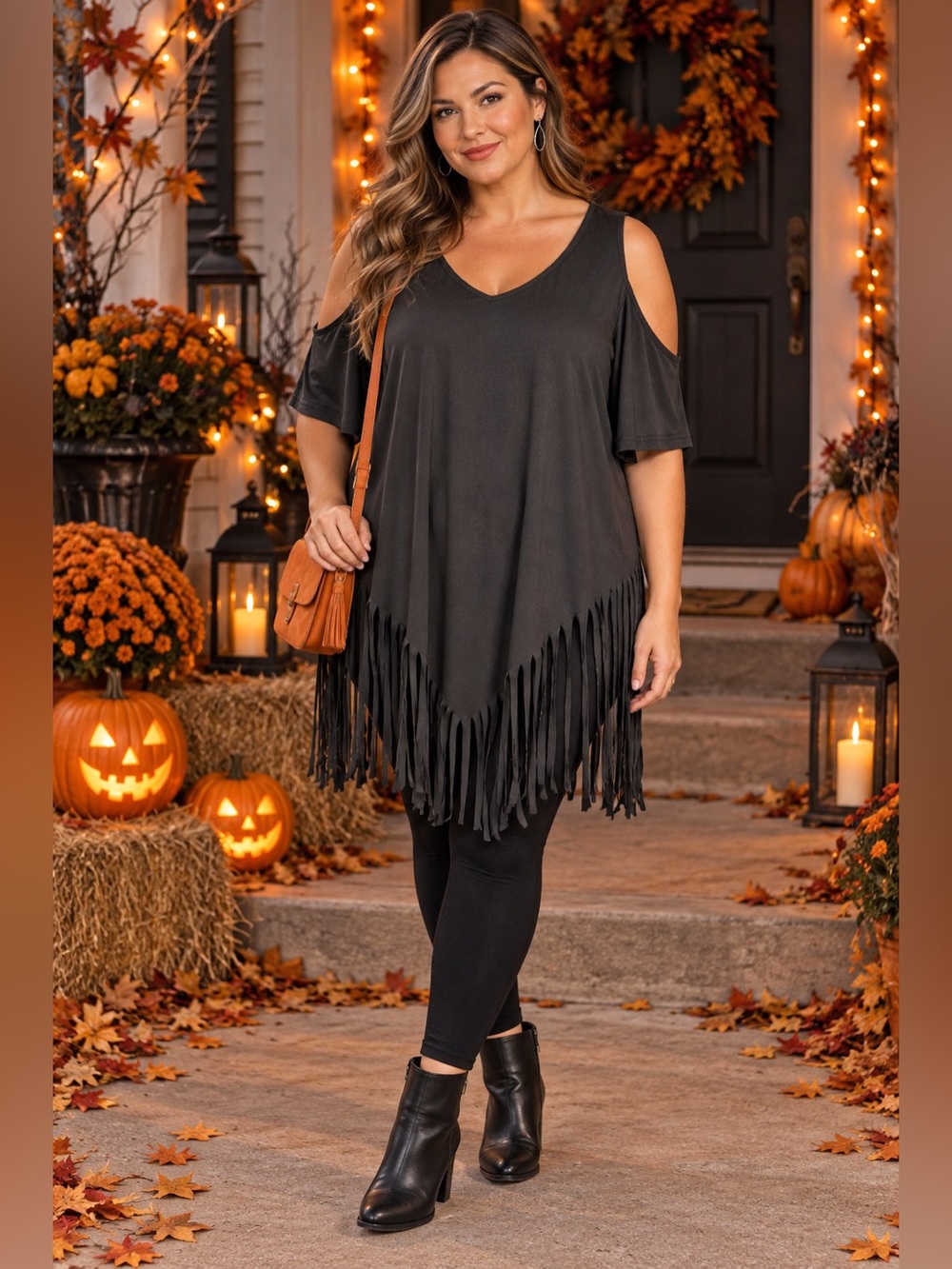 SHEIN Black Cold-Shoulder Fringe Tunic